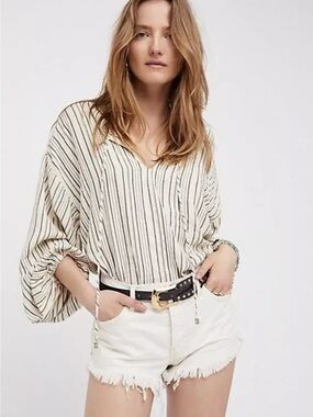 Free People Striped V-Neck Tunic in Cream and Black 31 L 23 W